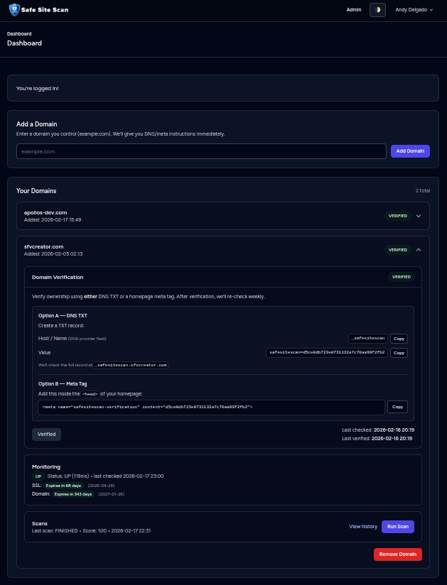 SafeSiteScan dashboard (dark mode)