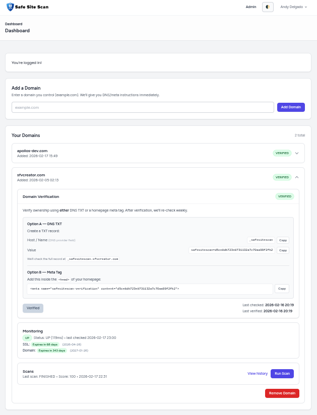 SafeSiteScan dashboard (light mode)
